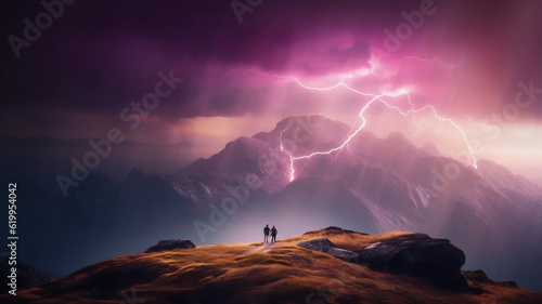 AI Generated collection of photorealistic hikers battling magenta golden lightening thunderstorm on the top of a great magical mountain surrounding by amazing space galaxy background,photorealistic