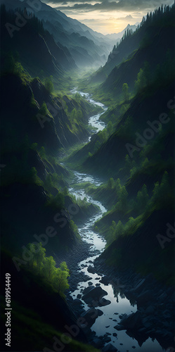 Highland river landscape. AI generated illustration