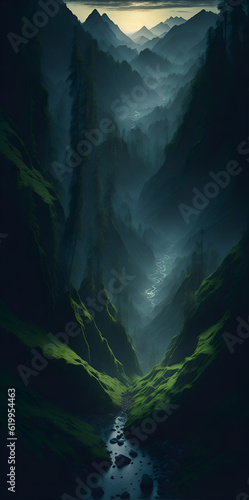 Highland river landscape. AI generated illustration © vector_master