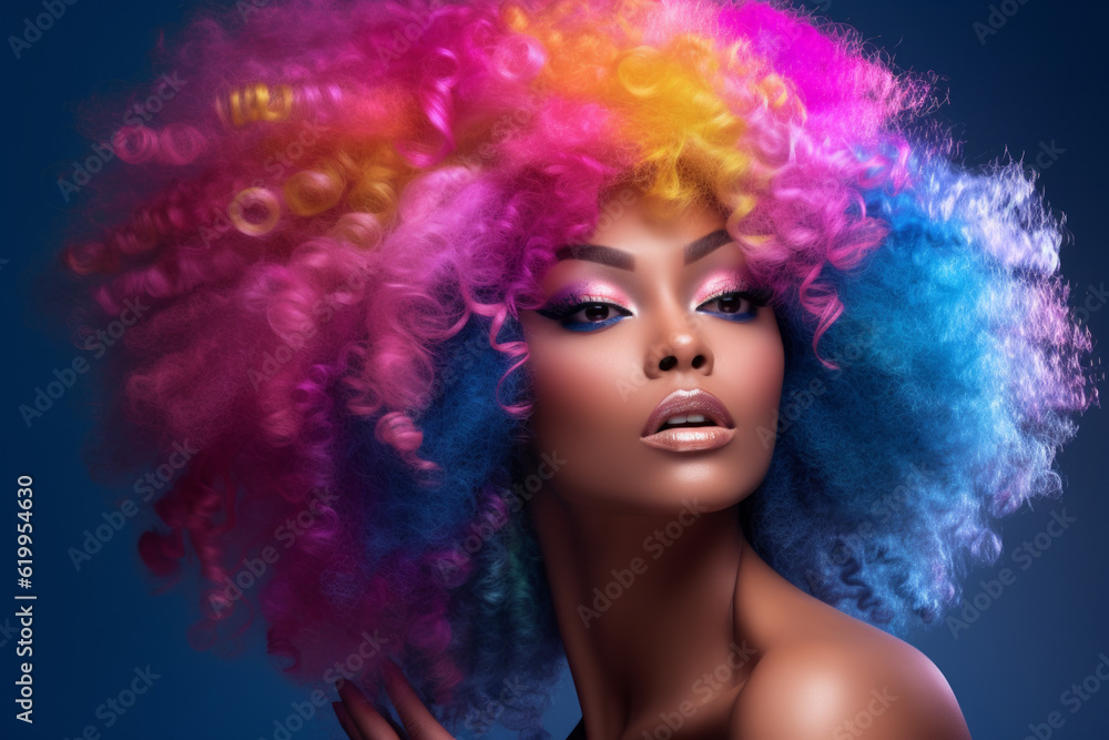 fashion model wearing an African afro wig and colorful hair. Her gaze is filled with confidence and passion, and she exudes a stylish and eccentric vibe
