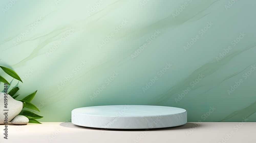a Horizontal format, in a minimalistic teal and sage colored interior/exterior for Mockups, copy space, and product displays in a Commercial-themed, JPG. Generative AI a Horizontal format, in a minimalistic teal and sage colored interior/exterior for Mockups, copy space, and product displays in a Commercial-themed, JPG. Generative AI