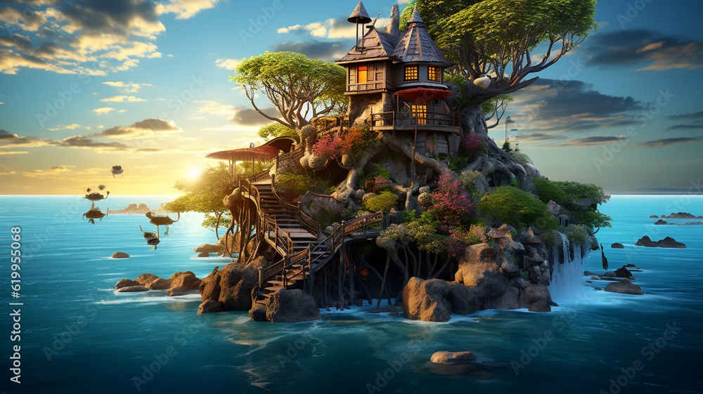 Obraz premium AI Generated illustrations of anime houses and house ships