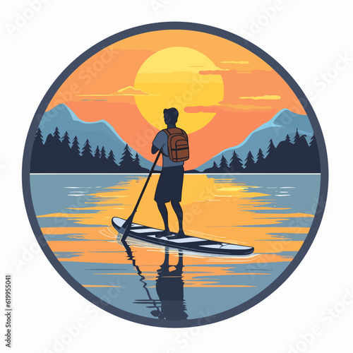 Man paddling on stand up paddleboard. Summer vacation leisure activity. Cartoon illustration.