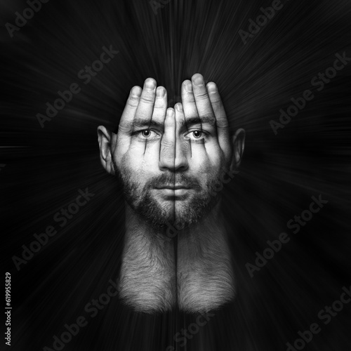 face shines through hands, psychological portrait of a person, double exposure, surreal portrait of a man covering his face and eyes with his hands, concept idea art of surreal, black and white