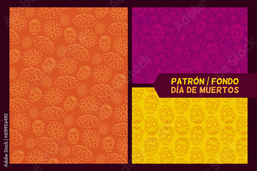 Conjunto de patrones o fondos con elementos de día de muertos como pan de muerto, cempasúchil, retrato, etc. Tradición mexicana.