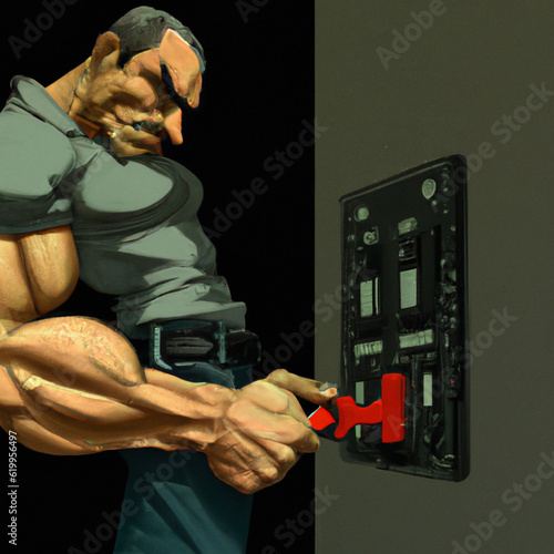 A muscleman tries to turn a power switch off
