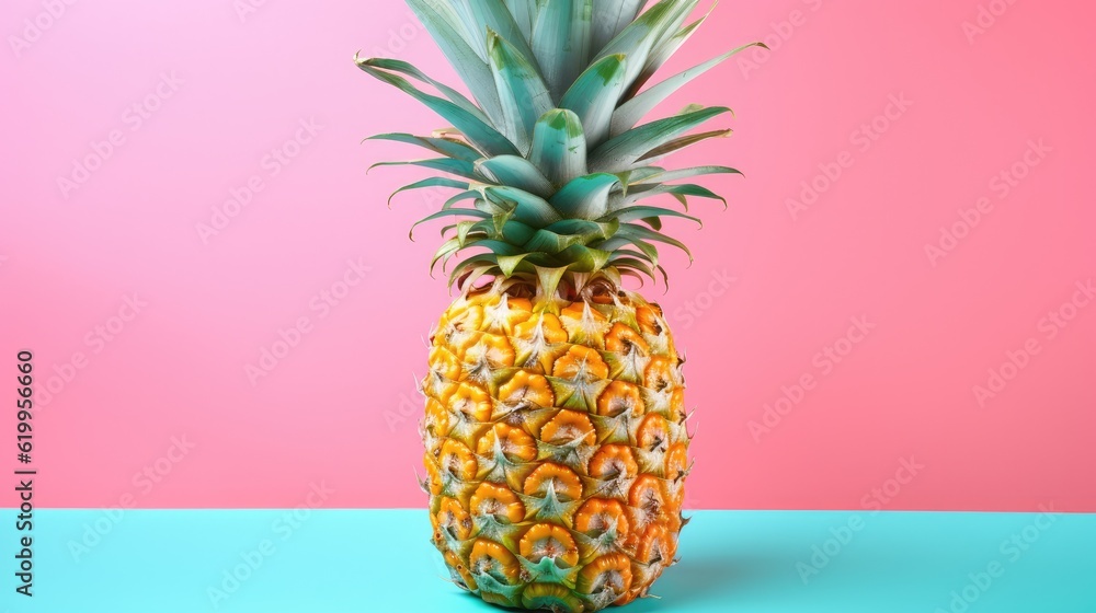 a horizontal layout, of a Pineapple on a trendy colored background with shadows,          
 Food-themed in a JPG format. Generative AI