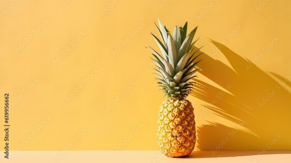 a horizontal layout, of a Pineapple on a trendy colored background with shadows,          
 Food-themed in a JPG format. Generative AI