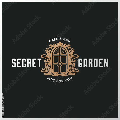 Door logo design, Floral logo, Secret garden logo, Garden logo, Cafe symbol, restaurant logo, bar logo, hand drawn logo design