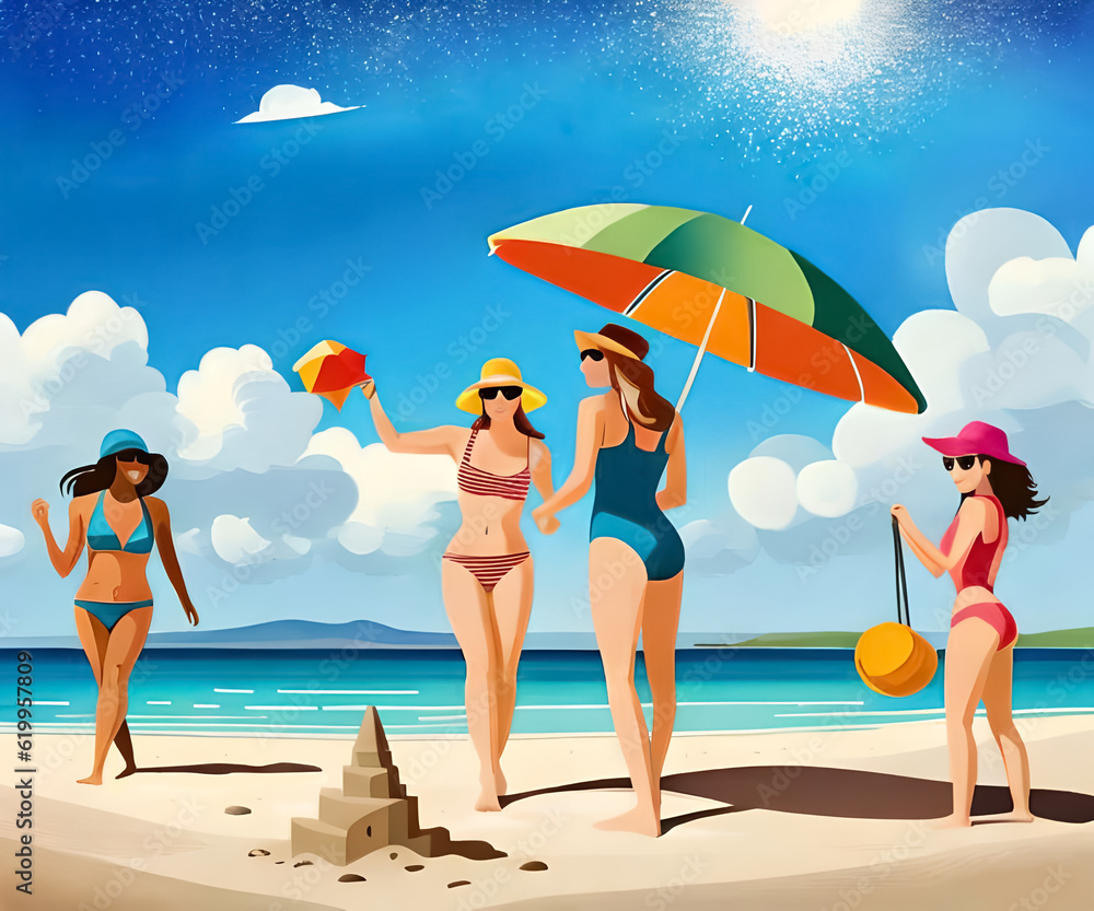 Women in swim suits having fun at summer beach created with generative AI