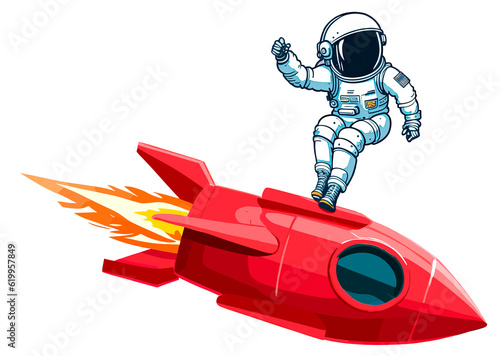 Astronaut on top of a flying rocket isolated. Cartoon illustration style. AI generated