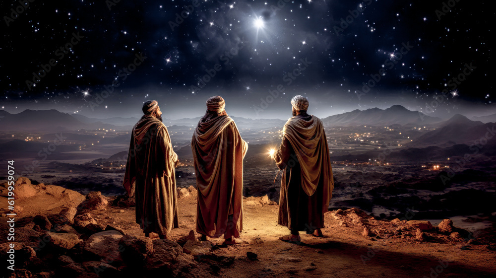 Epiphany Bethlehem Three Wise Men on their Way to Bethlehem Mary and Joseph and Baby Jesus Wallpaper Generative AI Digital Art Illustration