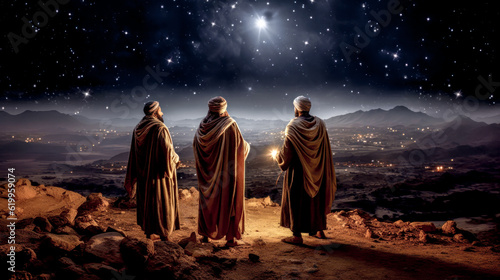 Leinwand Poster Epiphany Bethlehem Three Wise Men on their Way to Bethlehem Mary and Joseph and