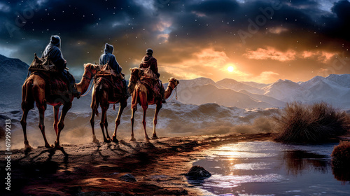 Epiphany Bethlehem Three Wise Men on their Way to Bethlehem Mary and Joseph and Baby Jesus Wallpaper Generative AI Digital Art Illustration