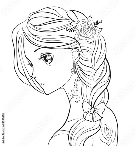 Illustration of a black and white coloring girl with a girl in anime style with flowers and a scythe isolated on a white background