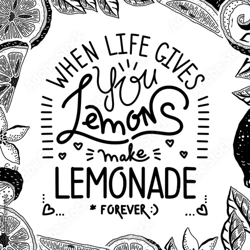 Lemon lettering. Bar label, homemade fruit logo, juice and slices, calligraphy, summer water splash and sticker. Vector cartoon illustration