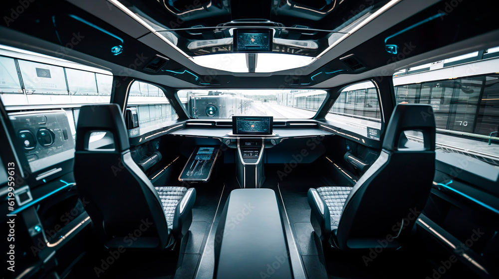 Obraz premium Driverless car interior with futuristic dashboard for autonomous control system. Generative Ai technology.