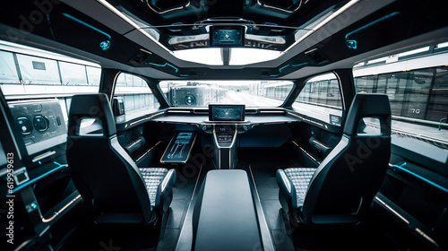 Driverless car interior with futuristic dashboard for autonomous control system. Generative Ai technology.