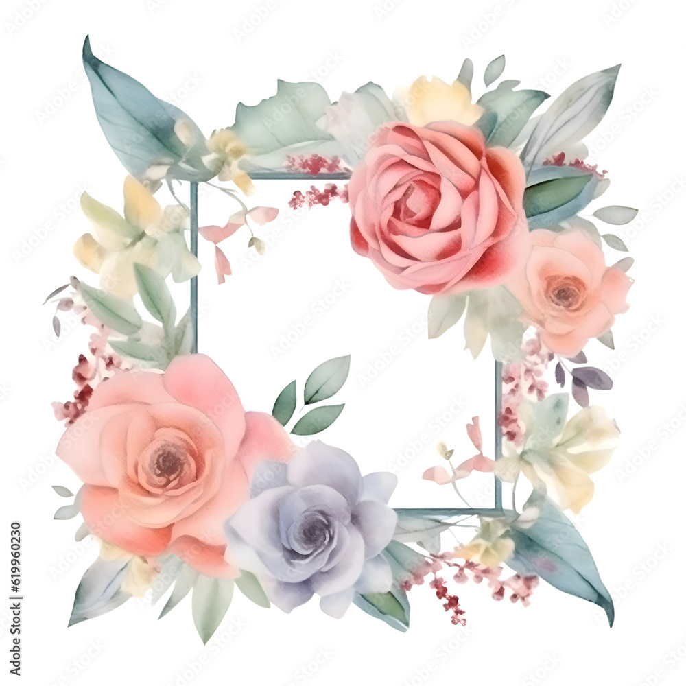 Watercolor floral frame with roses. Hand painted illustration isolated on white background.