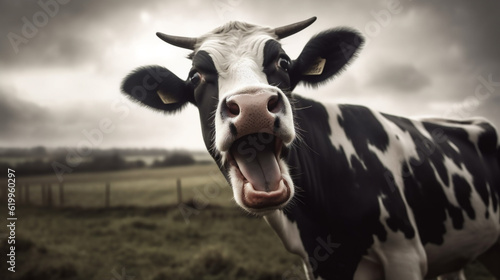 Zany Cow Drawing a Grin with Its Loud Scream in the Field - Slapstick Meets Farm Life. Generative AI.