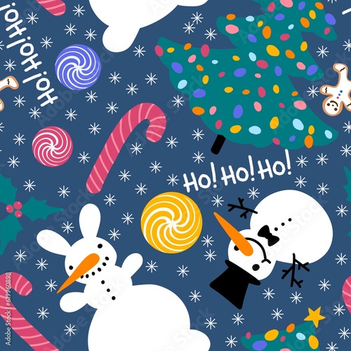 Fototapeta Naklejka Na Ścianę i Meble -  Cartoon new year seamless Christmas tree and snowman and candy and mistletoe pattern for wrapping paper