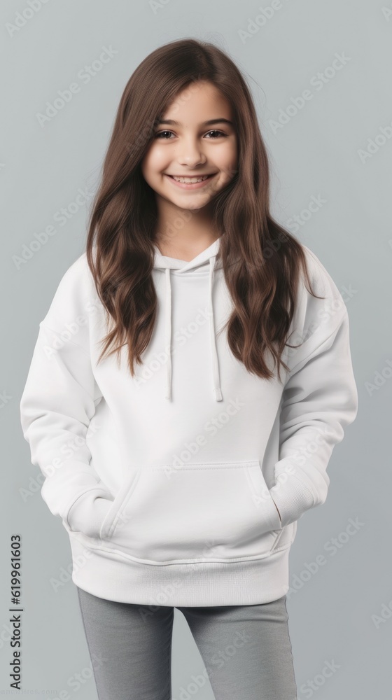 AI generated.hoodies mockup. Cute smiling 10 years girl in a white hoodies on a clean background. Teenager in hoodies AI generated.hoodies mockup. Cute smiling 10 years girl in a white hoodies on a clean background. Teenager in hoodies