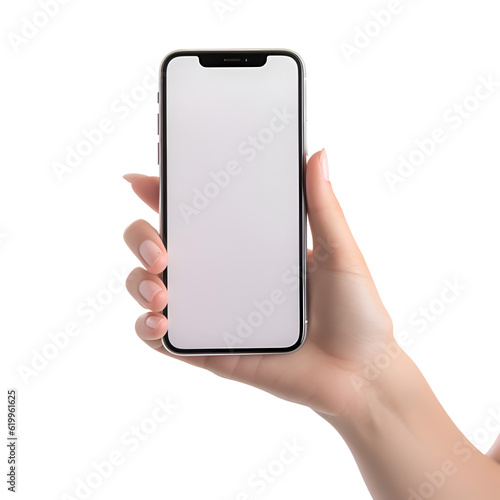 Female hand holding smartphone with blank screen isolated on white background. clipping path