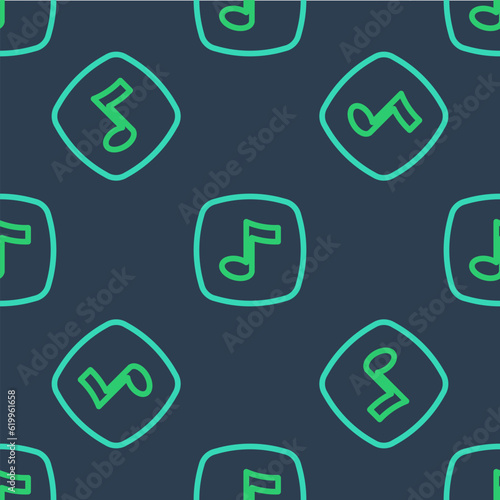 Line Music note, tone icon isolated seamless pattern on blue background. Vector