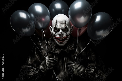 Jester with evil grin luring people with balloons, spooky and scary halloween costume, generated by ai