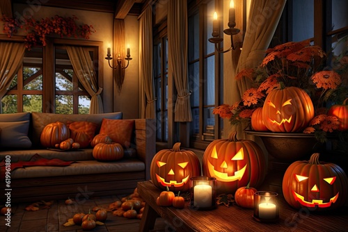 cozy halloween decorated living room with carved pumpkins, flowers and candles, holiday mood and atmosphere, generated by AI