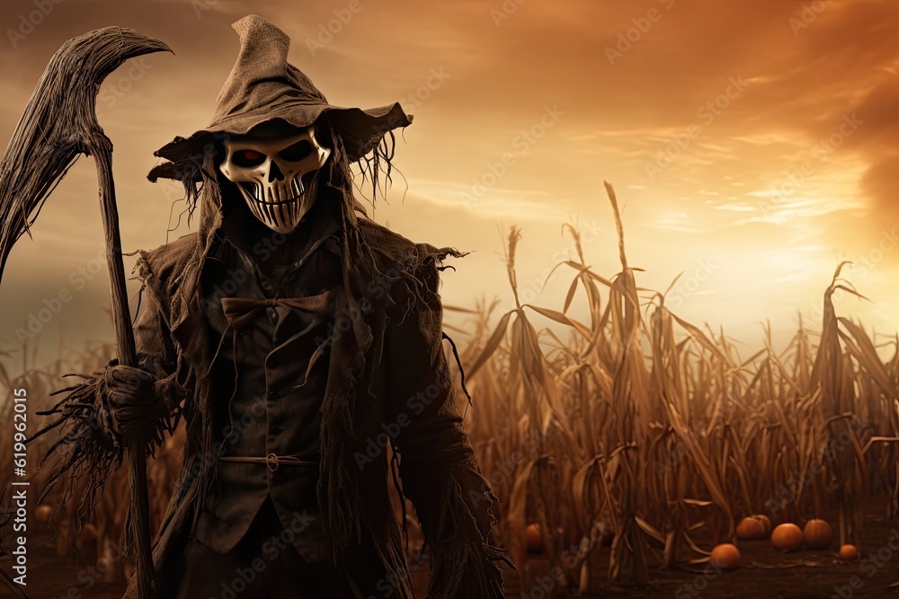 spooky scarecrow in a dried up corn field with an evil grin, halloween costume idea, generated by ai