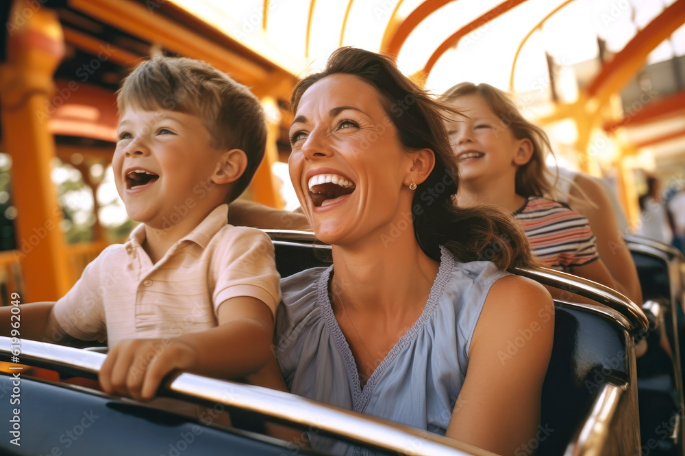 Mother and two children riding a roller coaster at an amusement park or ...