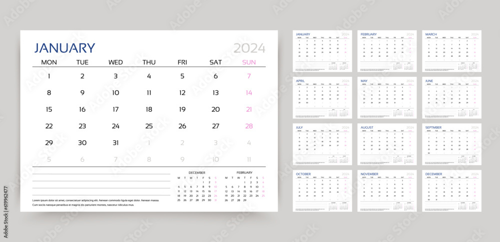 2024 calendar. Planner, calender template. Week starts Monday. Yearly stationery organizer. Table schedule grid with 12 month. Corporate monthly diary layout. Vector illustration. Horizontal design - obrazy, fototapety, plakaty 