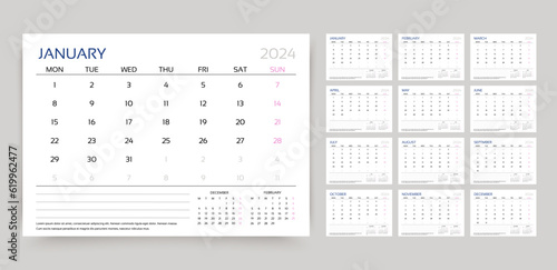 2024 calendar. Planner, calender template. Week starts Monday. Yearly stationery organizer. Table schedule grid with 12 month. Corporate monthly diary layout. Vector illustration. Horizontal design