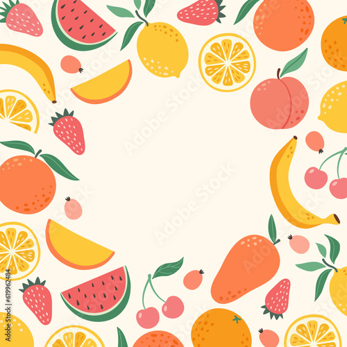 Fototapeta Naklejka Na Ścianę i Meble -  Tropical fruits and berries frame. Fresh exotic fruit  border template with copy space for text. Summer design for invitation, poster, card, flyer, banner.