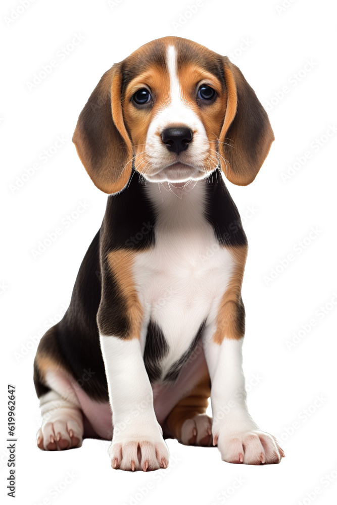 Beagle puppy full body shot posing over white transparent background