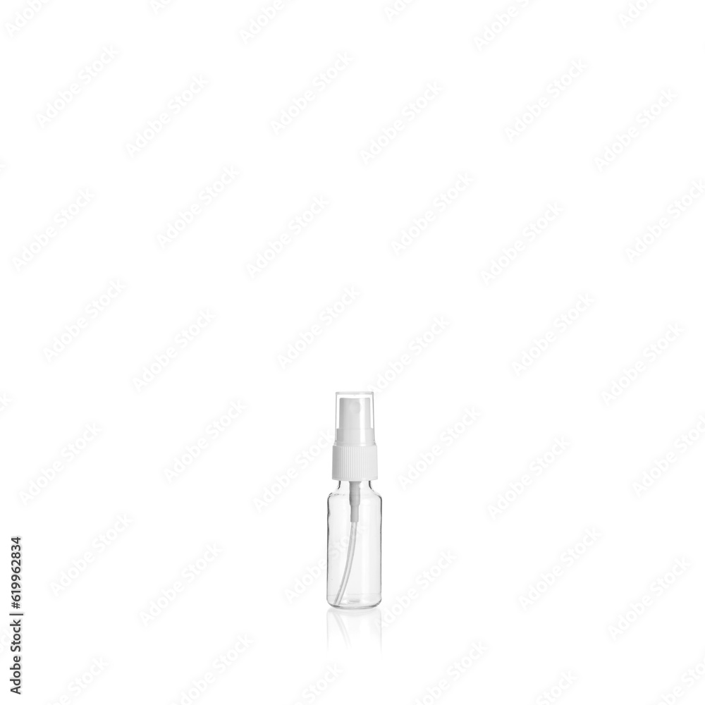Transparent rounded cylindrical PET bottle container with spray pump on white background. Packaging of antiseptic. Template of a bottle for cosmetics and medical products. Transparent rounded cylindrical PET bottle container with spray pump on white background. Packaging of antiseptic. Template of a bottle for cosmetics and medical products.