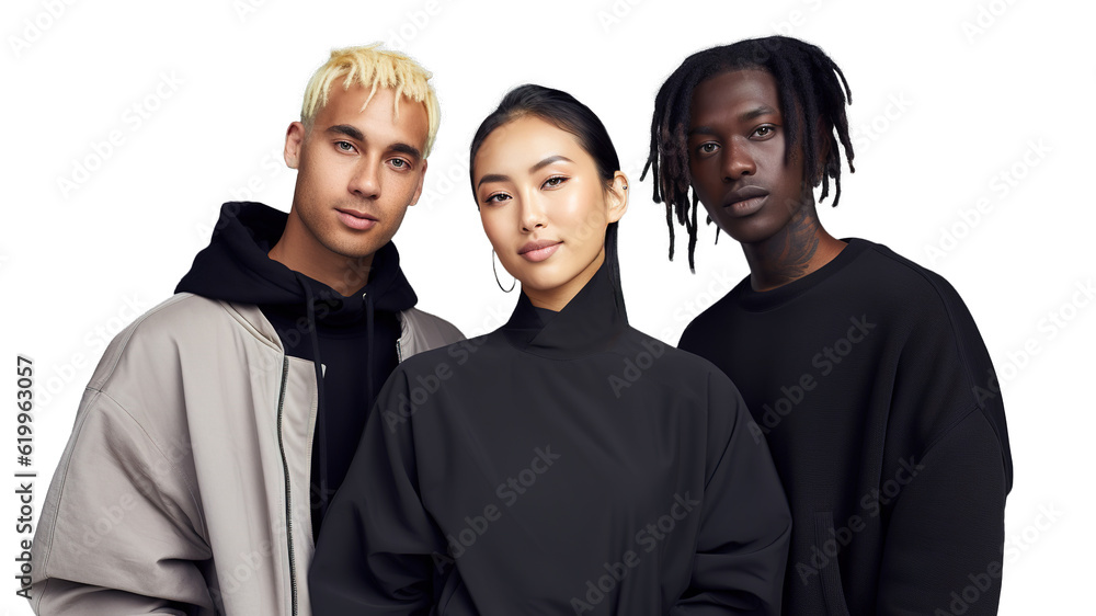 Three young multi ethnic people posing with stylish causal clothes. Isolated transparent background Three young multi ethnic people posing with stylish causal clothes. Isolated transparent background