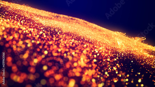Abstract bg, golden magic glitters fly in air form beautiful swirls. Fiery sparkles float in viscous liquid. Sparkles in flow of turbulence force. 3d render