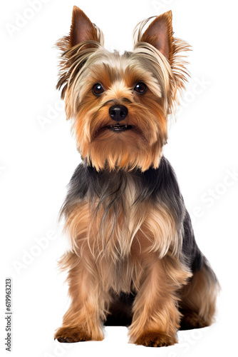 An adult Yorkshire terrier dog full body shot over white transparent background