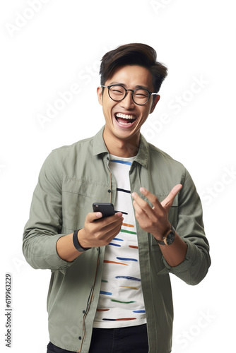 Asian American man laughing while using smart phone over white transparent background
