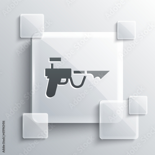Grey Fishing harpoon icon isolated on grey background. Fishery manufacturers for catching fish under water. Diving underwater equipment. Square glass panels. Vector