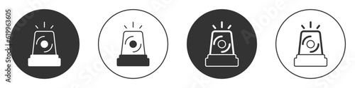 Black Flasher siren icon isolated on white background. Emergency flashing siren. Circle button. Vector