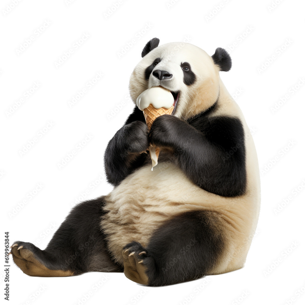 Naklejka premium a hungry Giant Panda bear eating a vanilla ice cream cone, Fun-themed, photorealistic illustration in a PNG, cutout, and isolated. Generative AI
