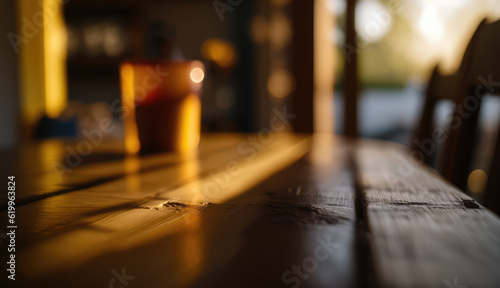 beautiful wooden table on a terrace with sunset light. Background with wooden table and sunset light. Post-processed generative AI