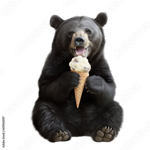 a hungry Black bear eating a vanilla ice cream cone, Fun-themed, photorealistic illustration in a PNG, cutout, and isolated. Generative AI