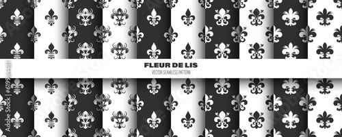 Vector Seamless Pattern with Vintage 3d Realistic White and Black Fleur De Lis. Heraldic Lily Texture, Retro Pattern for Wallpaper, Textile. Vector Illustration