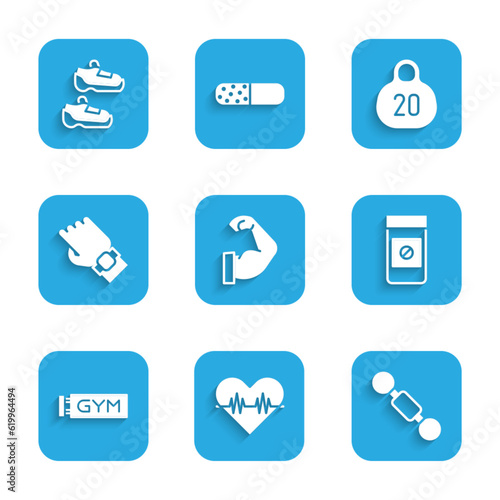 Set Bodybuilder muscle, Heart rate, Dumbbell, Anabolic drugs, Location gym, Smart watch hand, Kettlebell and Sport sneakers icon. Vector