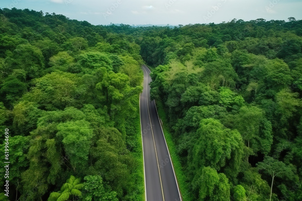 Aerial view of a road crossing a dense forest, generative ai