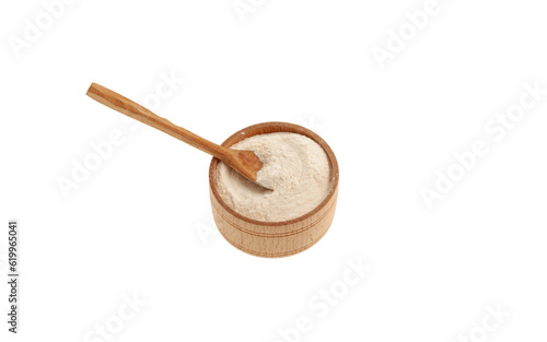 Food additive E415, Water Soluble powder. Xanthan Gum Powder in wooden bowl. Binding agent, Gluten free ingredient. Stabiliser, Thickener. Extracellular polysaccharide